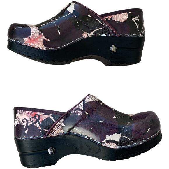 Sanita Patent Leather Clogs EU 35, US 4 Floral Purple White Black Slip On - Picture 1 of 16
